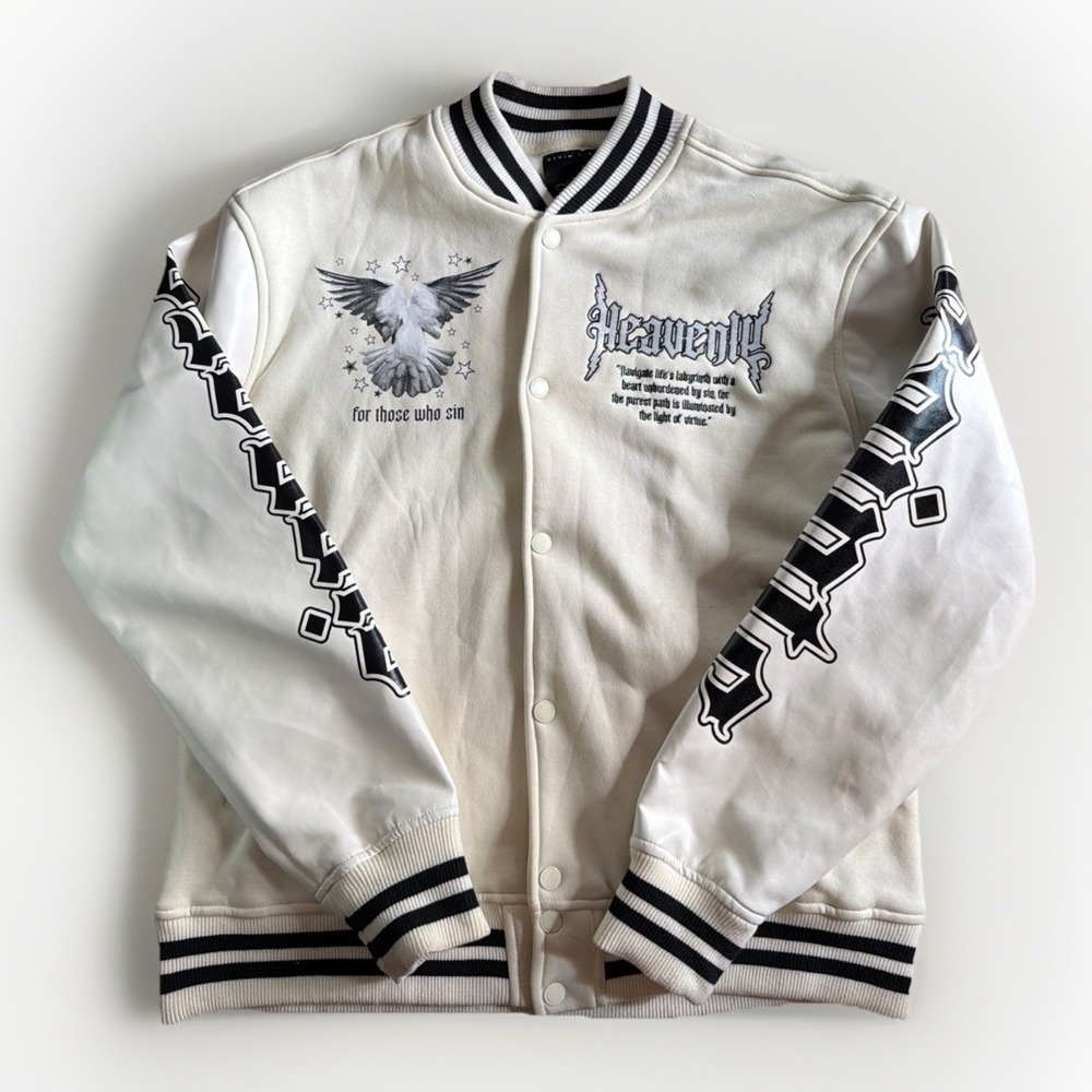 Denim Factory Copper Rivet Heavenly‎ Varsity Jacket White Black Graphic NWT XL